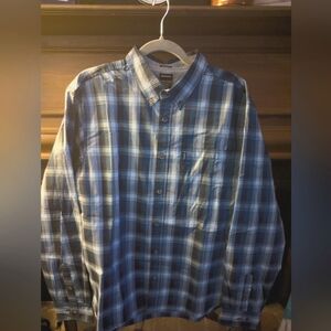 NWT men's Dickie's navy blue plaid modern fit button up, large